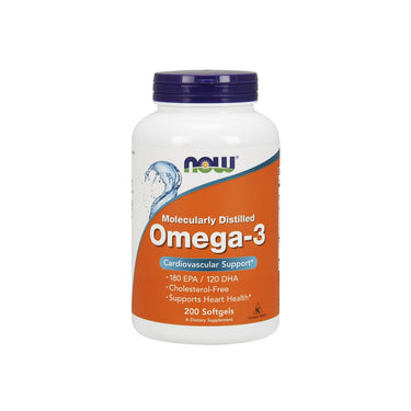 A bottle of Now Foods Omega-3 180 EPA/120 DHA 200 softgel, promoting heart health and brain function.